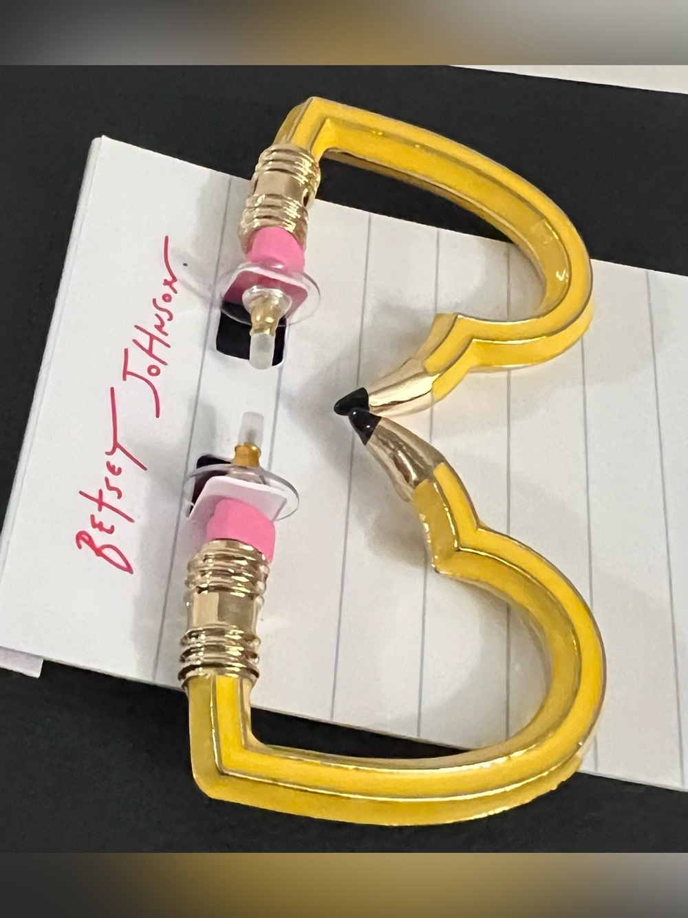 Betsey Johnson Yellow Pencil Heart Hoop Earrings with Pink Eraser - Picture 12 of 16